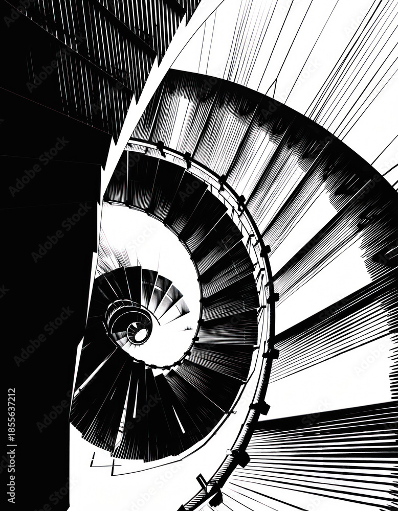 Fototapeta premium Black-and-white spiral staircase viewed from above, creating a hypnotic pattern.