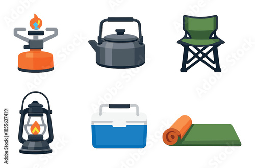 Camping gear: portable stove, kettle, lantern, chair, cooler, mat