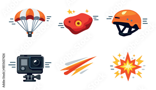 Adventure icons: parachute, steak, helmet, camera, shooting stars, explosion