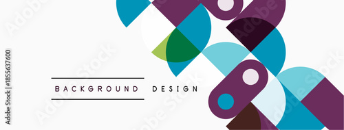 Abstract geometric shapes overlap, creating vibrant background. Colors include teal, purple, green, gray. Modern design element.