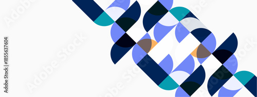 Abstract geometric pattern. Overlapping circles create dynamic visual texture. Blue, teal, orange hues dominate white background. Modern design element.