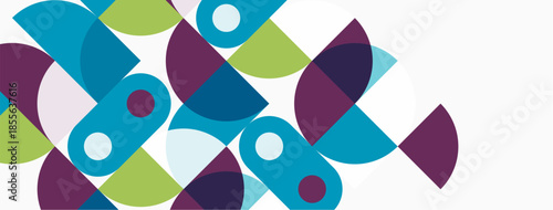 Abstract geometric shapes overlap, creating vibrant color patterns. Circles, semicircles, plus soft hues dominate composition.