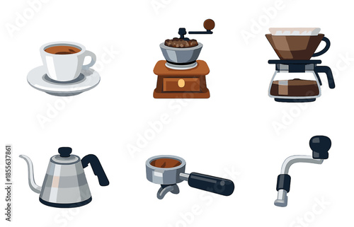 Coffee brewing essentials: grinder, dripper, kettle, portafilter, espresso, cup