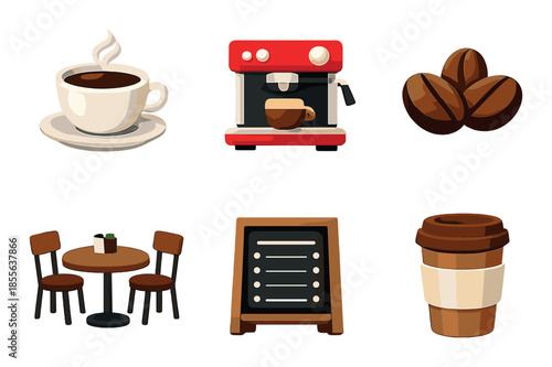 Modern coffee essentials collection: cup, machine, beans, table, menu, takeaway