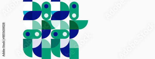 Abstract geometric shapes, green hues dominate. Minimalist design, clean lines, modern aesthetic. Composition feels playful, balanced.