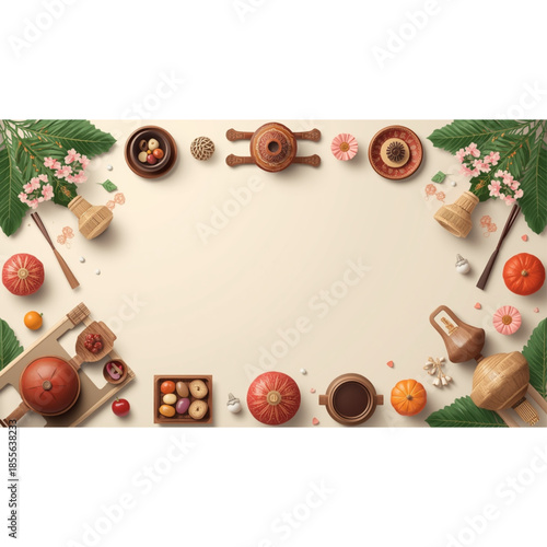 Vibrant arrangement of traditional Asian food and drink on wooden utensils