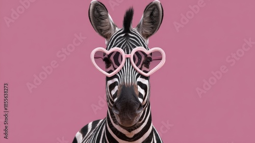 Zebra wearing heart-shaped glasses poses against a pink background, showcasing a playful and whimsical character, perfect for creative and fun-themed projects, st.valentine's day concept