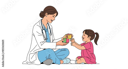 Friendly doctor playing with a child, promoting a positive and reassuring healthcare experience for young patients