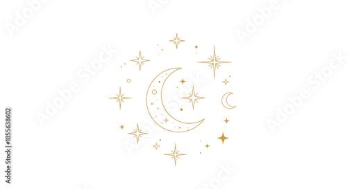 Elegant Celestial Moon and Star Cluster Graphic Vector Illustration, Perfect for Spiritual, Astrological, or Fantasy-Themed Design Projects and Branding Elements
