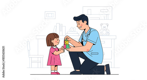 Compassionate pediatrician providing gentle care and reassurance to a young girl during her medical visit, highlighting child-friendly healthcare and promoting health awareness