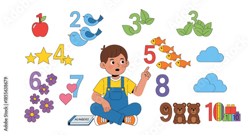 Cute cartoon illustration of a boy pointing at numbers and colorful objects, perfect for educational and playful children's content