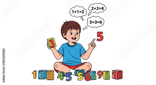 Young boy joyfully learning fundamental math skills, practicing counting and basic addition with colorful number blocks, fostering early childhood education and cognitive development
