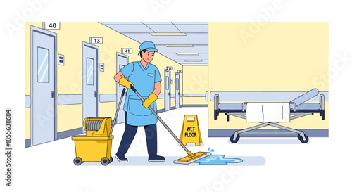 Professional cleaner in uniform diligently mopping a spill in a brightly lit hospital corridor with medical equipment nearby