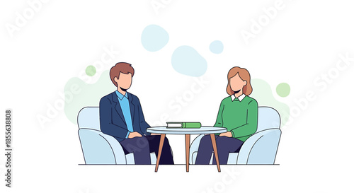 Two people in a counseling session, discussing issues while sitting opposite each other at a table with a book on it