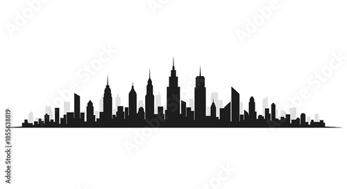 Black and white city skyline silhouette of skyscrapers and urban buildings