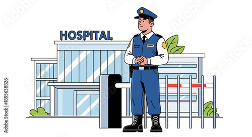Dedicated security guard providing vigilant protection at a hospital entrance, symbolizing safety, access control, and professional healthcare facility management