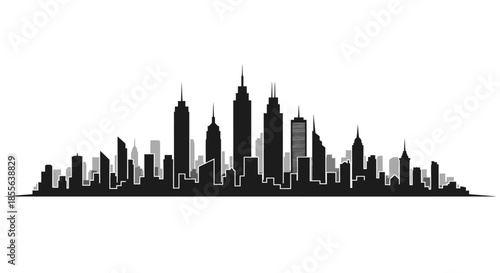 Modern black silhouette of an urban metropolis cityscape on a white background, featuring towering skyscrapers and a generic city panorama for graphic design elements and vector illustrations