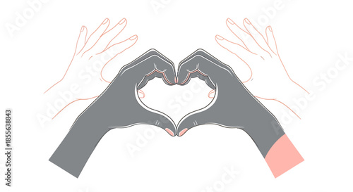 Symbolic illustration of two diverse hands, representing different skin tones, forming a heart shape, conveying messages of unity, love, acceptance, and global human connection