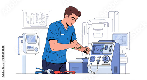 Dedicated male medical equipment technician performing crucial maintenance and repair on hospital machinery, ensuring optimal performance and patient care