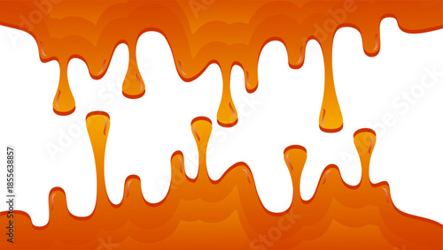 Caramel drip illustration. Wavy caramel dripping on white background.. Melted caramel texture. Caramel drips border. 