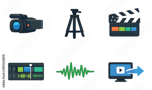 Icons representing video production elements including camera, tripod, clapperboard, editing tools, audio waves
