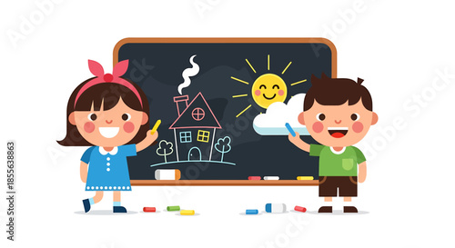 Happy elementary school children drawing a house and sun on a classic blackboard with colorful chalk, fostering creativity and fun in an educational setting