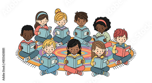 Diverse group of children joyfully reading books together on a colorful rug, promoting literacy and education