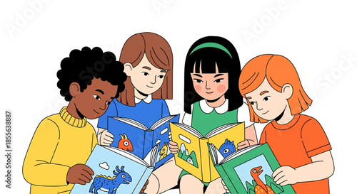 Diverse group of young children happily immersed in reading captivating storybooks, exploring new worlds and fostering a love for learning and imagination together