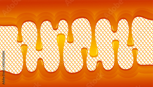 Caramel drip illustration. Wavy caramel dripping on waffle background. Melted caramel texture. Caramel drips border.
