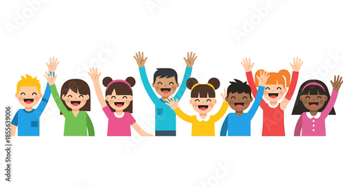 A diverse group of happy children with their arms raised, celebrating and waving in unison, symbolizing joy and community