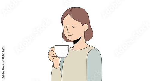 A person enjoying a warm beverage, with eyes closed and a serene expression, holding a mug of coffee or tea