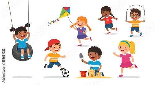 Joyful diverse children actively engaged in a variety of outdoor play activities, celebrating happy and energetic childhood fun with games and recreation