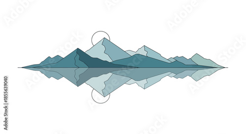 Serene Mountain Range Reflected in Calm Water Under a Crescent Moon A Minimalist Geometric Illustration