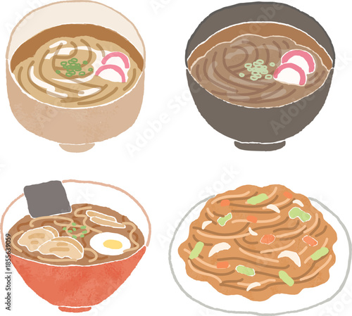 手描き風の日本の麺類のイラスト