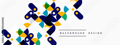 Abstract geometric pattern. Shapes overlap, creating dynamic visual texture. Colors include blue, green, yellow, navy. Minimalist design.