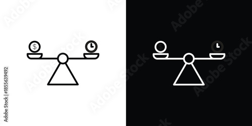Time and money compare scale icon. Black illustration isolated for graphic and web design.
