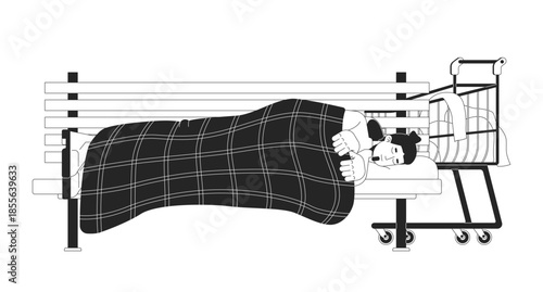 Homelessness outline illustration. Housing crisis. Poverty problem. Residentially challenged. Homeless man sleeping on park bench 2D line character isolated. Monochrome vector ink linear image