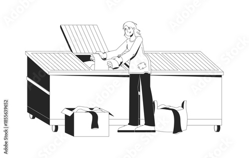 Poverty outline illustration. Dumpster diving. Social issue. Poor woman with worn-out clothes looking through waste bin for clothing 2D line character isolated. Monochrome vector ink linear image