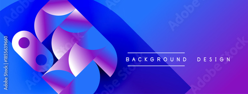 Abstract shapes, vibrant blue purple gradient. Modern design elements create dynamic visual impact. Background suggests technology innovation.