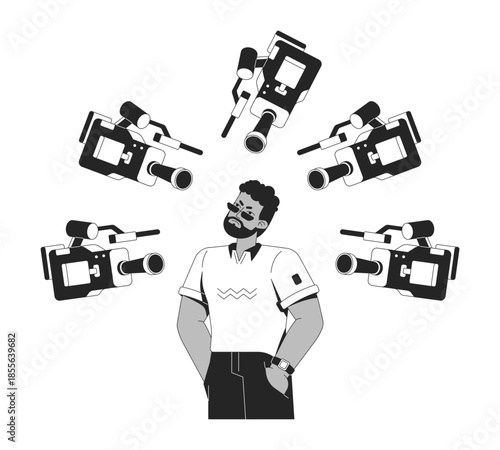 Surrounded by surveillance cameras line illustration concept. Discomfort of constant observation. Black man personal privacy violation outline 2D character isolated. Ink linear metaphor vector art