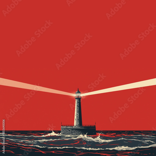 Dramatic lighthouse standing tall amidst turbulent waves under red sky