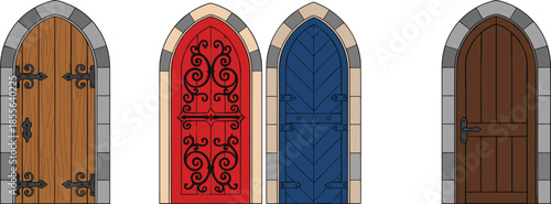 Medieval arched wooden doors set with decorative iron details, colorful fantasy castle entrance vector illustration