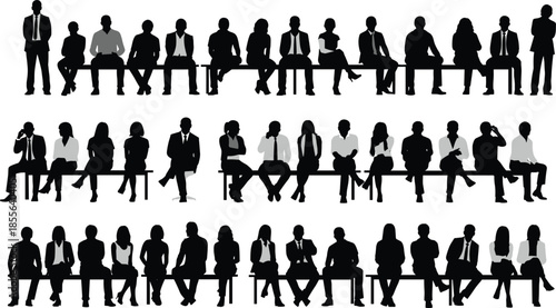 Business people silhouette collection, seated professionals waiting interview, office teamwork diversity concept, corporate meeting queue, isolated black illustration design set