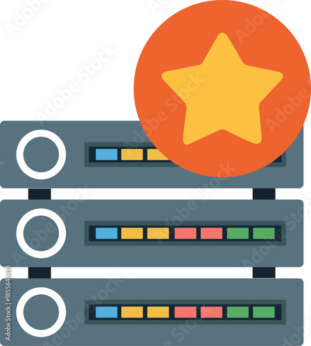 Three gray server racks with circular buttons and colored status lights and a large red circle