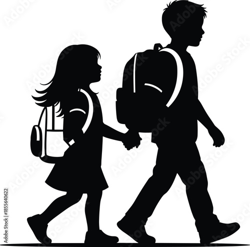 Children walking silhouette vector, school backpack illustration, sibling companionship pose, black figure art, daily routine concept, educational lifestyle design