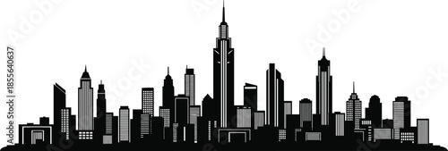 City skyline silhouette, black and white vector, modern skyscrapers, urban architecture, high-rise buildings, minimal design, metropolitan scene, graphic illustration