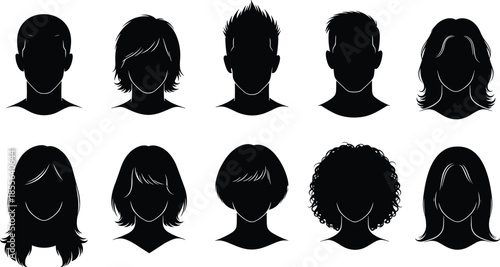 Human head silhouette collection, male female hairstyles profiles, anonymous people faces, avatar icons set, identity diversity concept, black illustration design