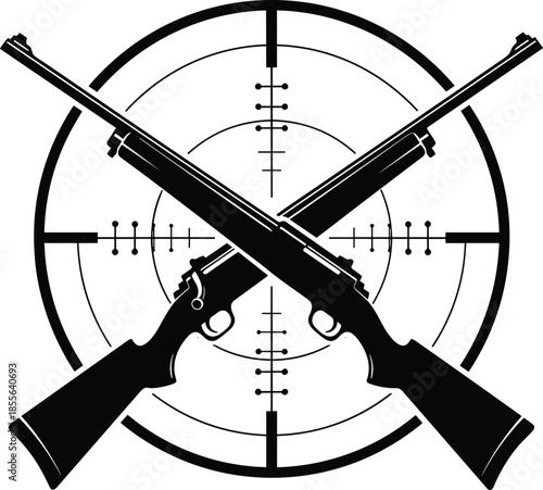 Crossed rifles silhouette vector illustration, sniper scope background, firearm targeting design, black weapon art, shooting sport concept, military marksmanship symbol