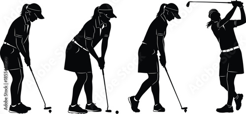 Female golfer silhouette vector, golf swing stages, athletic woman illustration, sports movement pose, golf club action, dynamic profile, training concept