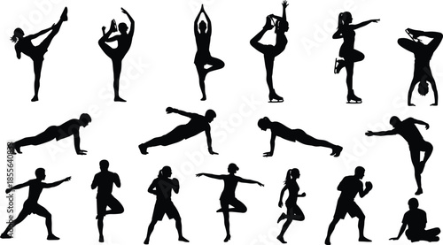 Fitness silhouette vector illustration, diverse exercise poses, yoga and workout movements, athletic body shapes, dynamic action, health training concept, black figure art
